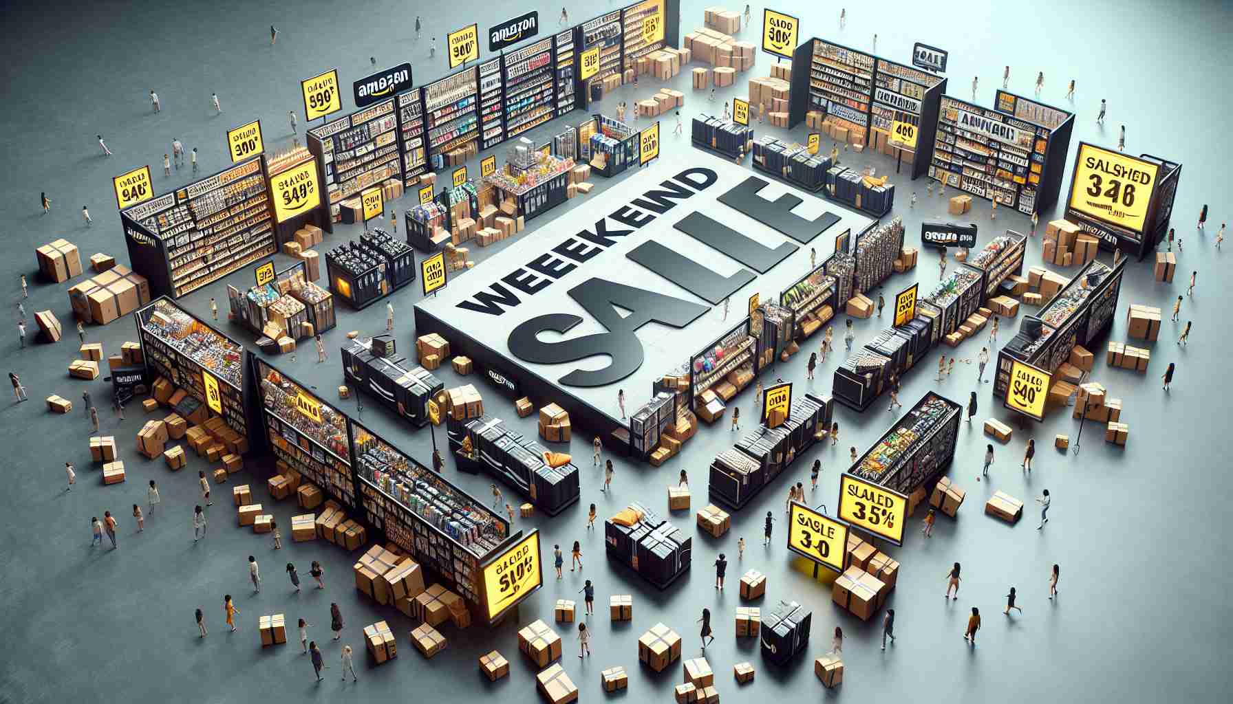 Generate an Image of a realistic, high-definition scene portraying an Amazon 'Weekend Sale'. Showcase an array of diverse products laid out, each with tags indicating slashed prices. Include a prominent banner saying 'New Opportunities for Shoppers' conveying the immense opportunities for customers to shop for a variety of goods at discounted prices. Make sure the atmosphere is festive and scales up the excitement of the sale.