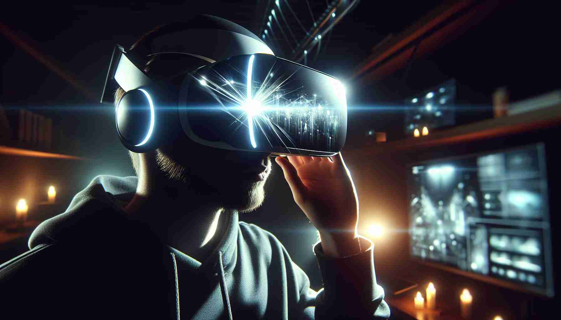 Realistic high-definition photograph demonstrating the capabilities of a new, unnamed virtual reality headset in a low-light environment. The image should capture the headset being used in a dimly lit room, with the user deeply immersed in the virtual world, highlighting the light emanating from the screen cutting through the dark surroundings.