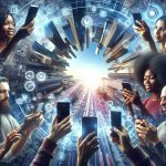 Generate a realistic, high-definition image that illustrates the concept of 'Unlocking the Future.' Depict modern smartphones being used freely without any barriers, reflecting the potential for more consumer freedom. Include diverse individuals such as a Black woman and a Middle-Eastern man, each using their phones in different settings to emphasize the enhanced freedom and accessibility of technology.