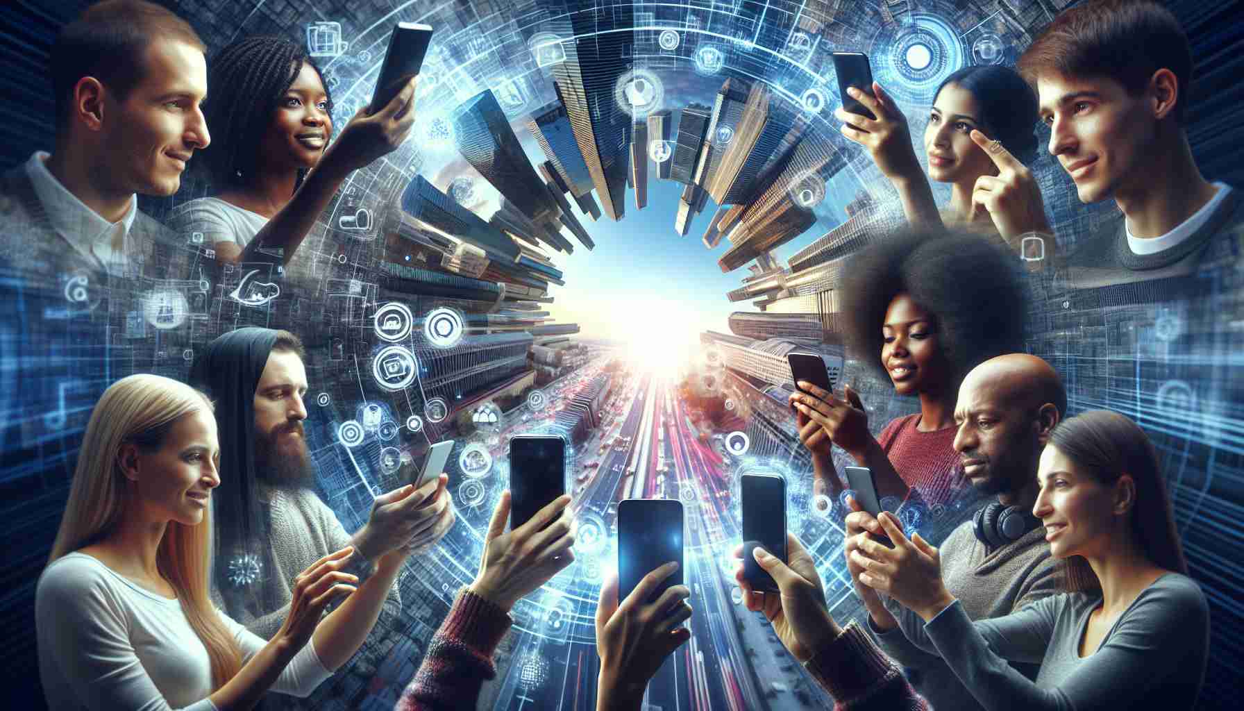 Generate a realistic, high-definition image that illustrates the concept of 'Unlocking the Future.' Depict modern smartphones being used freely without any barriers, reflecting the potential for more consumer freedom. Include diverse individuals such as a Black woman and a Middle-Eastern man, each using their phones in different settings to emphasize the enhanced freedom and accessibility of technology.