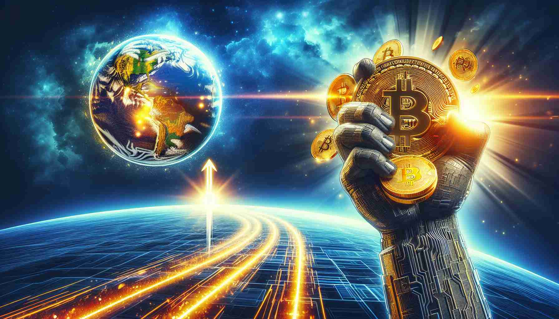 A high-definition image portraying a digital planet, signifying 'Metaplanet', radiating with a crypto aura. In the foreground, a strong, robust hand, symbolizing 'Strengthens', is clutching bitcoin tokens that are shining brilliantly. The bitcoin tokens are heading towards a trajectory or a milestone marker labeled '1,000 BTC'. The overall scenario is vivid, sharp, and denotes a strong ambition in the world of cryptocurrency.