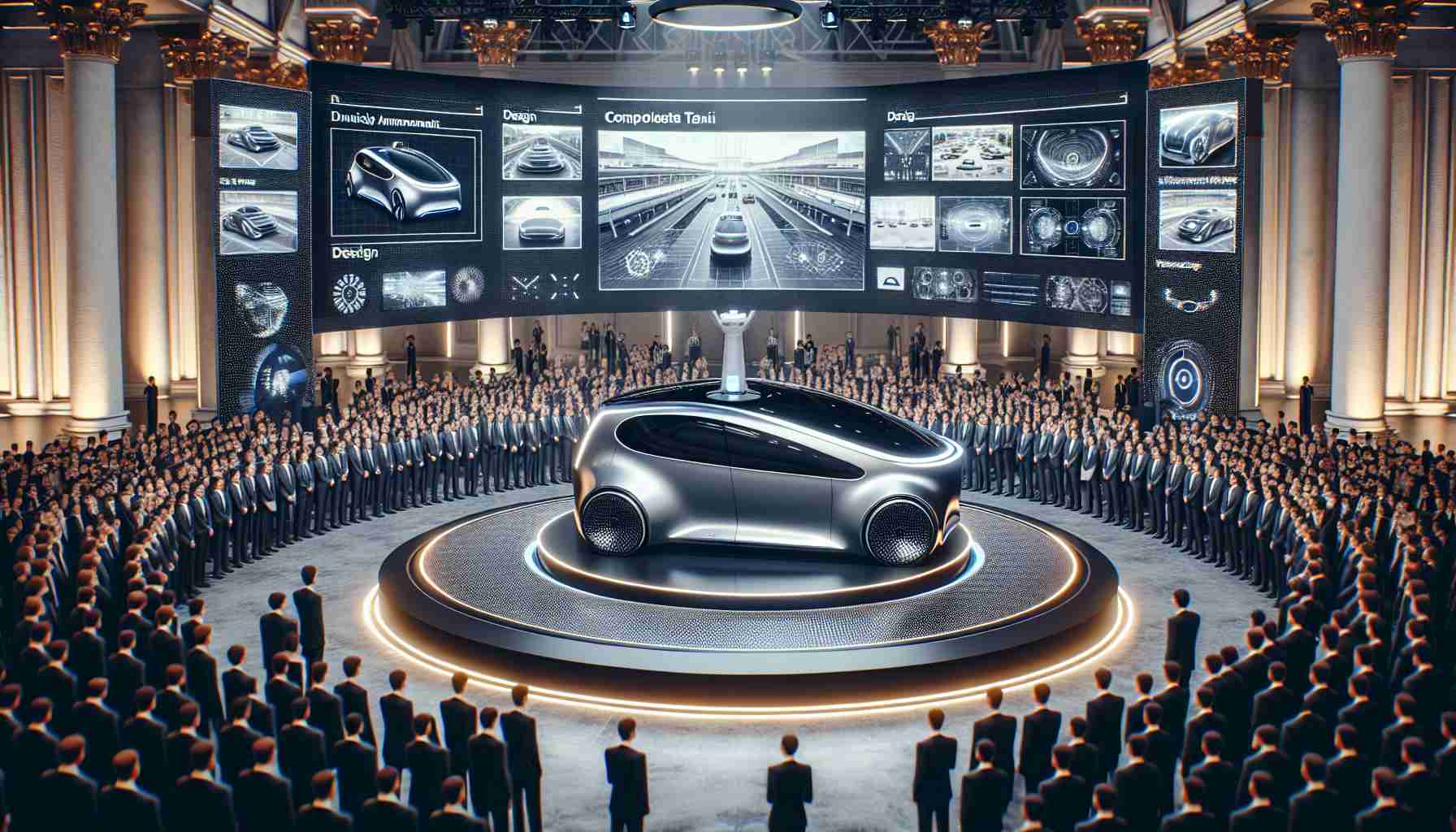 A high-definition, realistic illustration of a futuristic, driverless taxi at a private unveiling event. The innovative taxi is presented on a revolving platform, completely autonomous, sleek in design, and equipped with cutting-edge technology. The event takes place in a grand hall adorned with stylized banners and LED screens displaying various stages of design and technology implementation process. There is a crowd of people from varying descents and genders, all dressed in formal attire, awestruck by the latest innovation in transportation showcased in front of them.