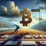 An ultra high-definition and realistic image of a visual metaphor depicting the idea of 'The Race Is On: Can Bitcoin Surpass $70,000?'. In the center of the image, there's a large, golden Bitcoin symbol that's sprinting on a race track towards a finish line. At the finish line, there's a tall signpost with '$70,000' written on it. The sky is filled with uncertainty, cast in tones of greys and blues, but the track ahead is clear. The track is lined with spectators - abstract symbols of global currencies - watching the race closely.