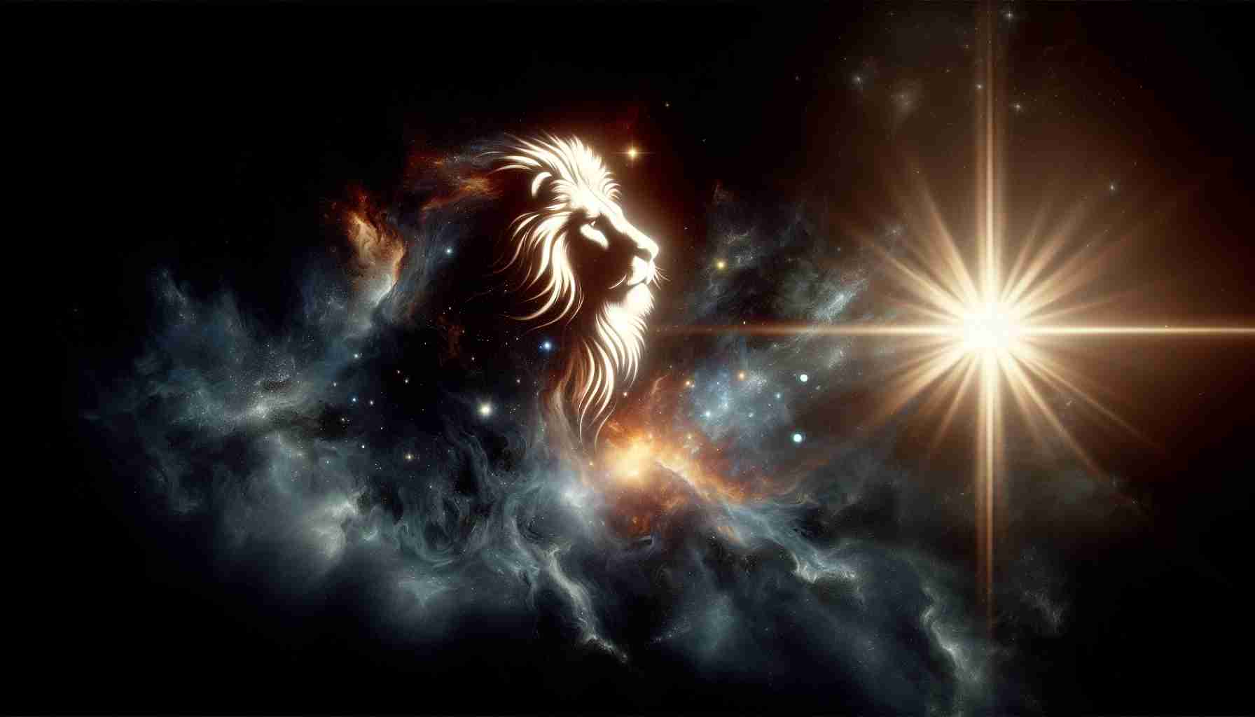 An ultra high-definition, realistic depiction of a metaphorical scene where a star in the cosmos is revealing the symbol of courage. The symbol can be a majestic lion emanating from the radiant light of the star. The star is set against the backdrop of a deep inky-black space painted with a vast, intricate array of distant galaxies and celestial bodies.