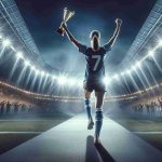 A high-definition image of a victorious sportsperson stepping into the spotlight at a monumental stadium event. The athlete, a Caucasian female in her mid-30s, stands triumphantly at the center of an iconic stadium, the crowd roaring with thunderous applause. The atmosphere is electric with celebration and achievement, the stadium lights casting a dramatic spotlight on her. She's wearing her team's uniform and holding a trophy high above her head, effectively embodying the joy and pride of accomplishment.