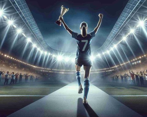 A high-definition image of a victorious sportsperson stepping into the spotlight at a monumental stadium event. The athlete, a Caucasian female in her mid-30s, stands triumphantly at the center of an iconic stadium, the crowd roaring with thunderous applause. The atmosphere is electric with celebration and achievement, the stadium lights casting a dramatic spotlight on her. She's wearing her team's uniform and holding a trophy high above her head, effectively embodying the joy and pride of accomplishment.