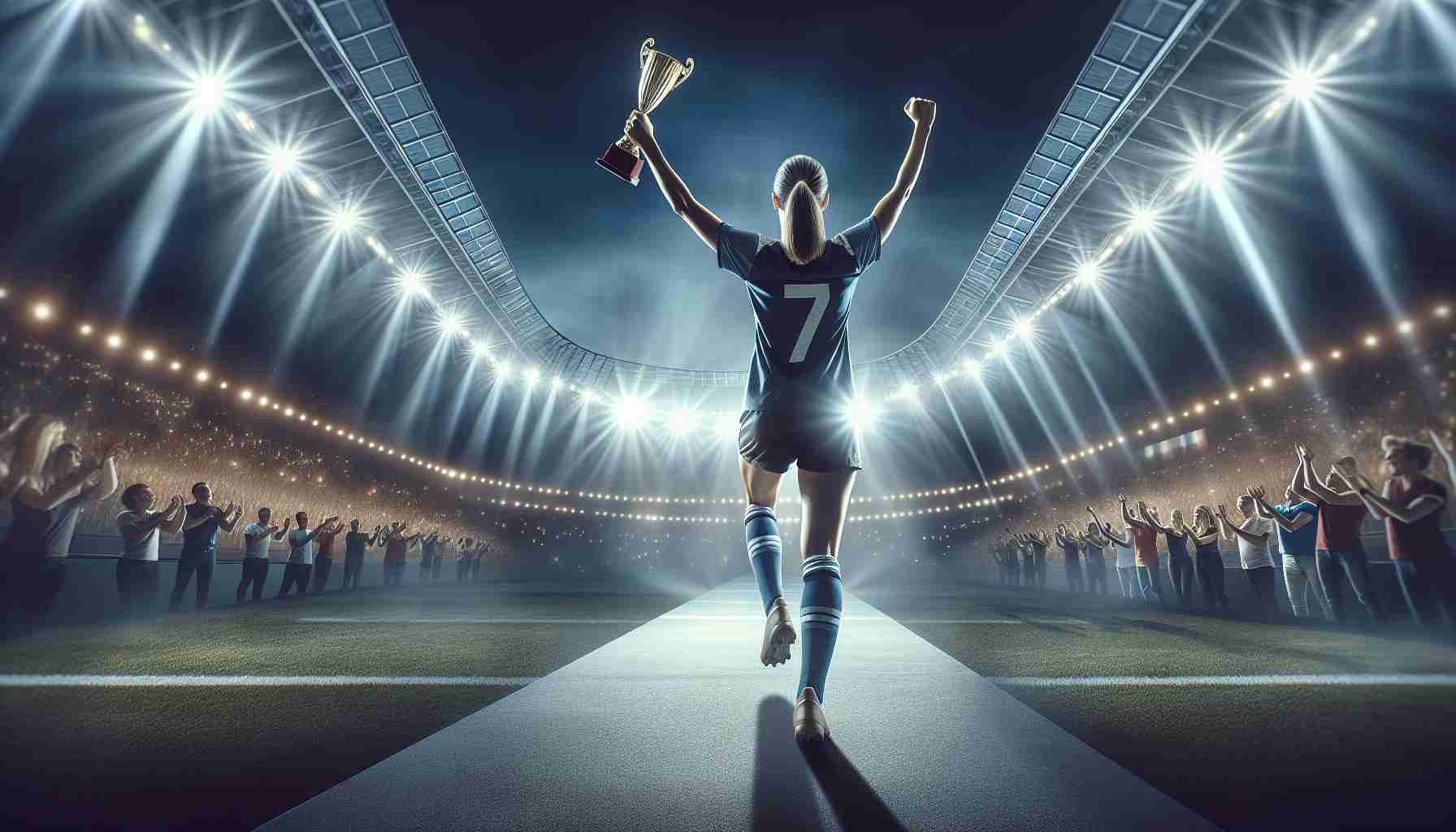 A high-definition image of a victorious sportsperson stepping into the spotlight at a monumental stadium event. The athlete, a Caucasian female in her mid-30s, stands triumphantly at the center of an iconic stadium, the crowd roaring with thunderous applause. The atmosphere is electric with celebration and achievement, the stadium lights casting a dramatic spotlight on her. She's wearing her team's uniform and holding a trophy high above her head, effectively embodying the joy and pride of accomplishment.