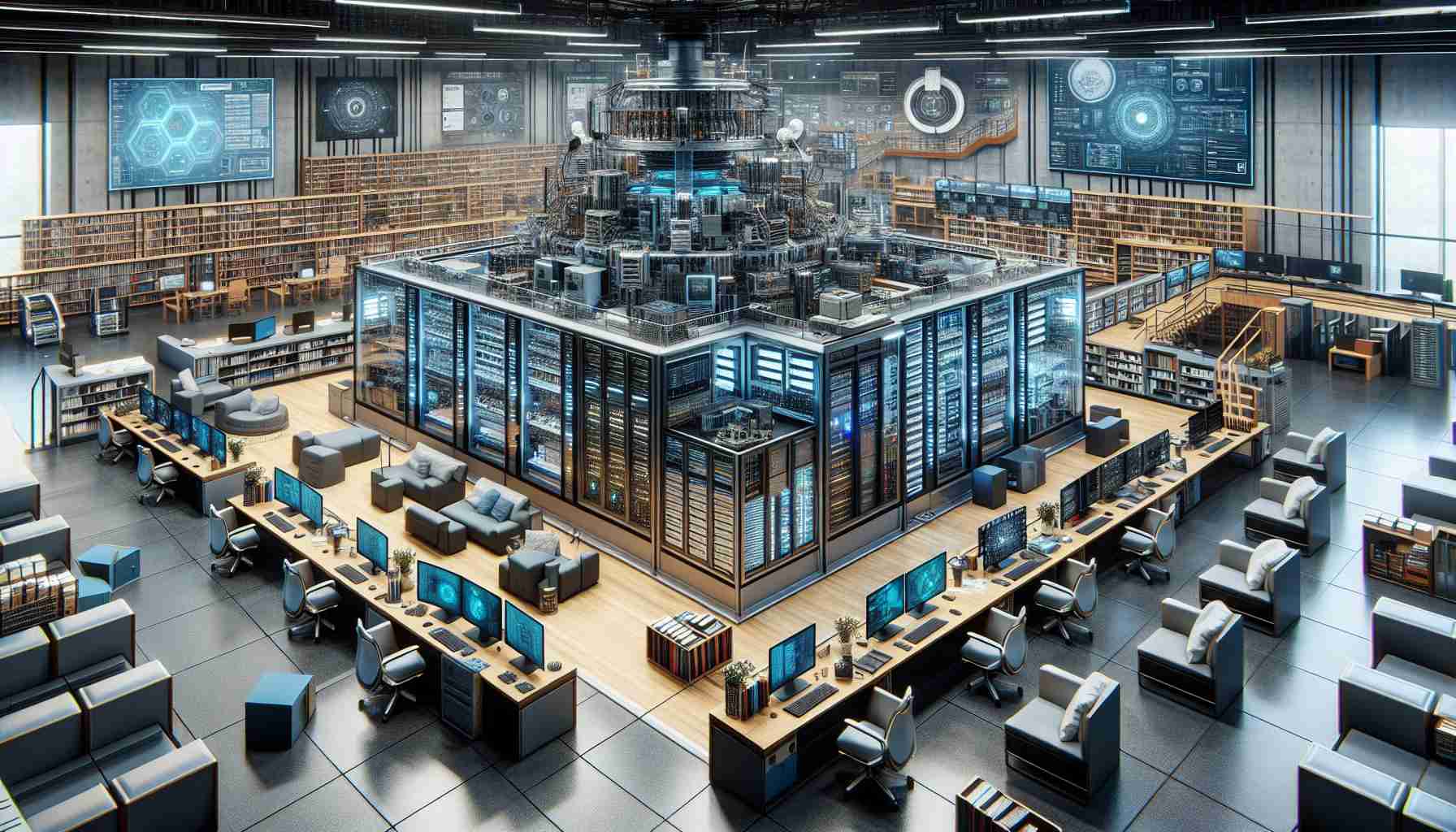 A highly detailed image of a central hub dedicated to everything related to computing. The hub is filled with a range of the latest cutting-edge technology devices, including high-performance computers, sophisticated servers, and advanced networking equipment. There's a variety of technical books on the shelves, and informational posters on the walls. The space also features a comfortable seating area for brainstorming and working on projects. The overall aesthetic of the place is modern and tech-savvy.