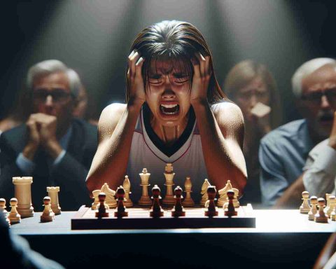 A high-definition realistic depiction capturing the nerve-wracking scenario of talent enduring hardship. This image should exhibit a rising star, symbolized as an up-and-coming athlete, appearing stressed but determined. They're locked in a close contest, perhaps in a game of chess, indicating a narrow margin for victory. Make sure the emotion radiating from this individual is palpable, showcasing their struggle, yet resilience. Include a diverse audience watching with bated breath, captivated by the performance. The gender and descent of the rising star can be an Asian female to ensure diverse representation.