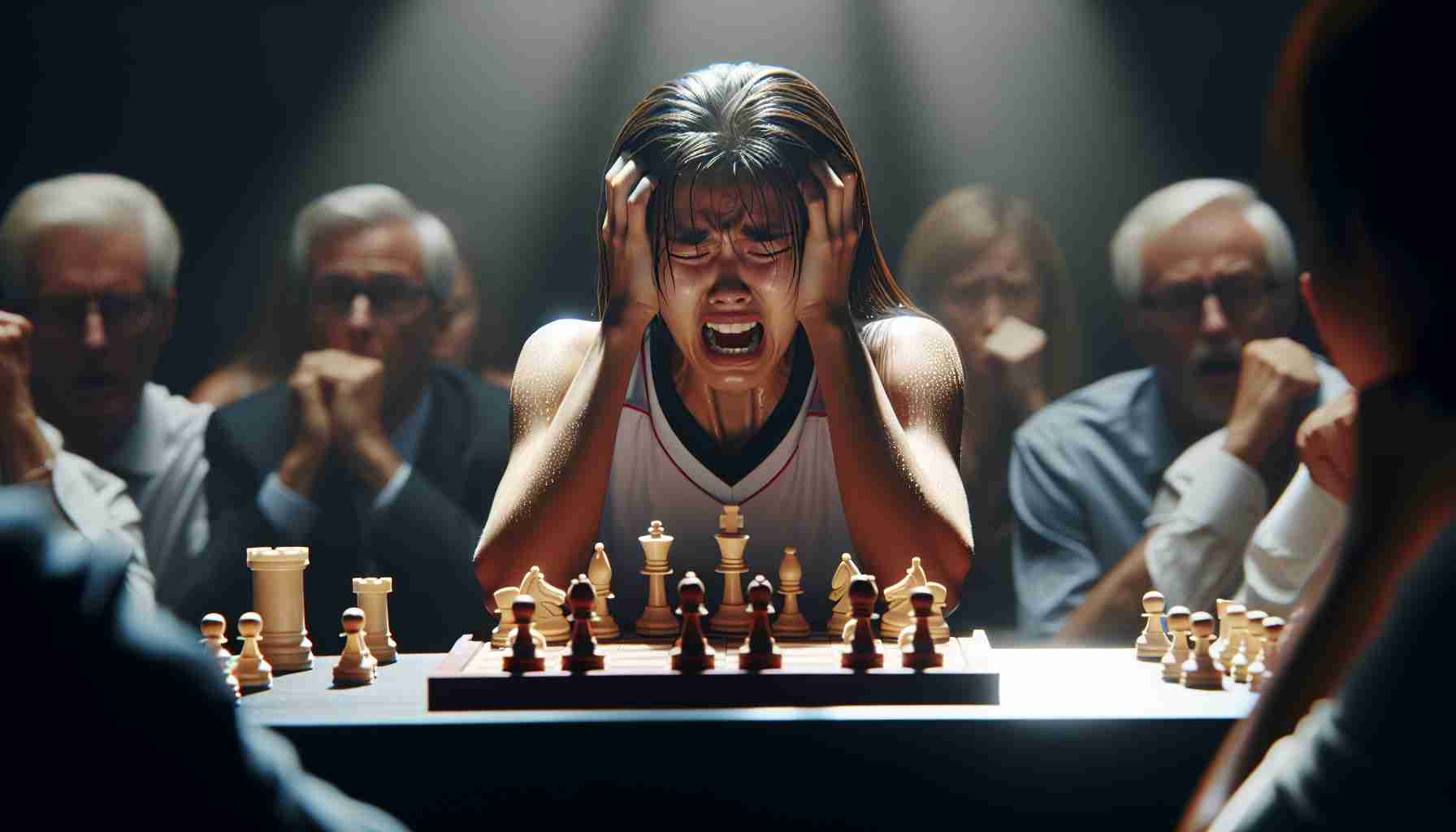 A high-definition realistic depiction capturing the nerve-wracking scenario of talent enduring hardship. This image should exhibit a rising star, symbolized as an up-and-coming athlete, appearing stressed but determined. They're locked in a close contest, perhaps in a game of chess, indicating a narrow margin for victory. Make sure the emotion radiating from this individual is palpable, showcasing their struggle, yet resilience. Include a diverse audience watching with bated breath, captivated by the performance. The gender and descent of the rising star can be an Asian female to ensure diverse representation.