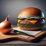 An intriguing scene featuring a realistic high definition image of a mundane onion on a cutting board. The onion is positioned strategically next to one of the world's most iconic hamburgers, symbolizing a potential disaster. The burger seems perfect with layers of patty, lettuce, cheese, tomato, pickles and special sauce, but the presence of the onion signifies a possible flaw in the burger's flawless reputation. An element of suspense is captured in the image.