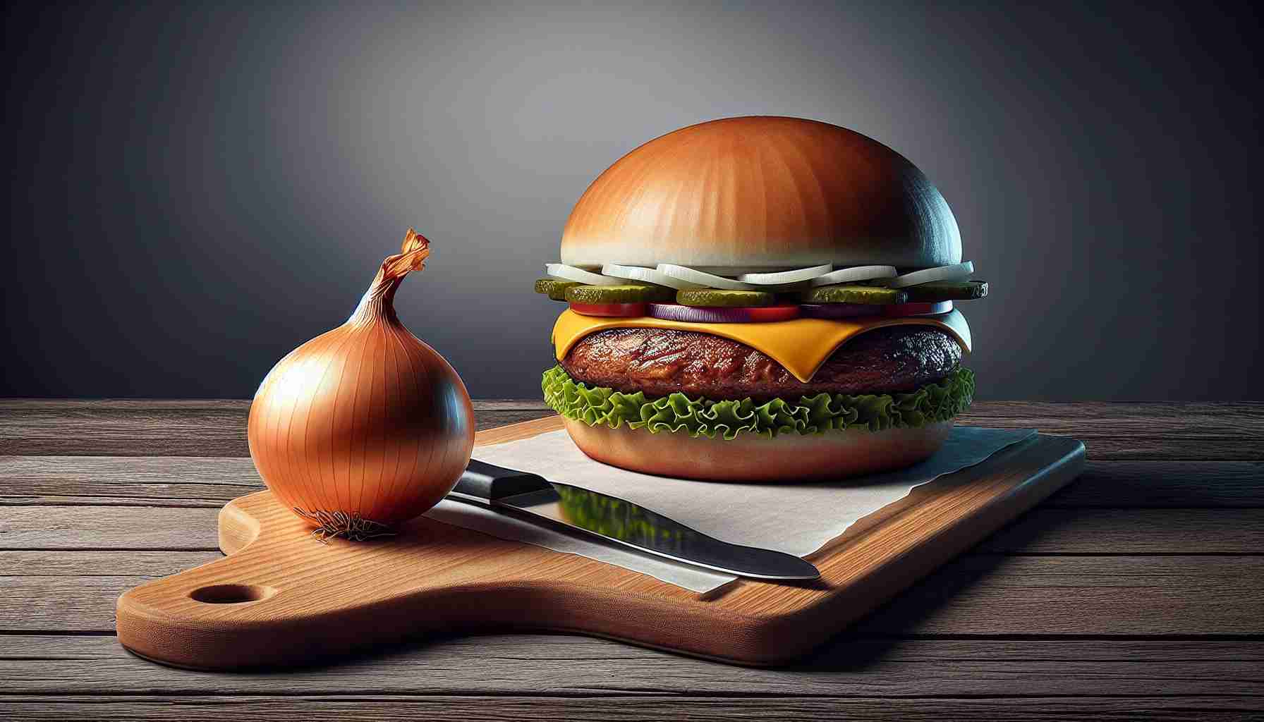 An intriguing scene featuring a realistic high definition image of a mundane onion on a cutting board. The onion is positioned strategically next to one of the world's most iconic hamburgers, symbolizing a potential disaster. The burger seems perfect with layers of patty, lettuce, cheese, tomato, pickles and special sauce, but the presence of the onion signifies a possible flaw in the burger's flawless reputation. An element of suspense is captured in the image.