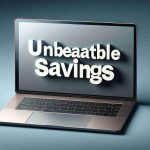 Create a realistic high-definition image portraying a generic laptop with a sleek design, brushed metal finish, and thin bezels, similar to popular models in the market. Include on its screen the words 'Unbeatable Savings' in bold, inviting fonts.