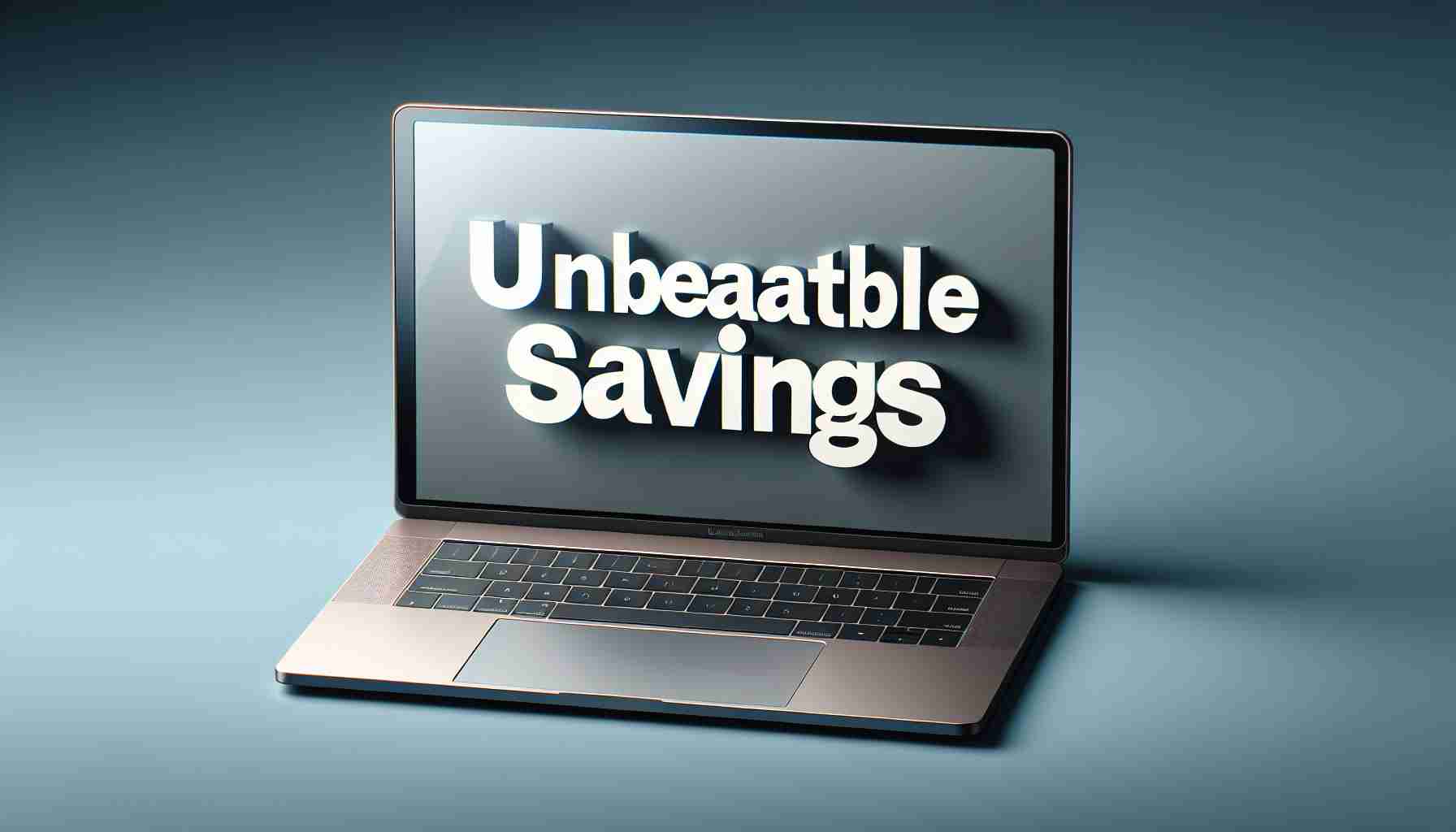 Create a realistic high-definition image portraying a generic laptop with a sleek design, brushed metal finish, and thin bezels, similar to popular models in the market. Include on its screen the words 'Unbeatable Savings' in bold, inviting fonts.