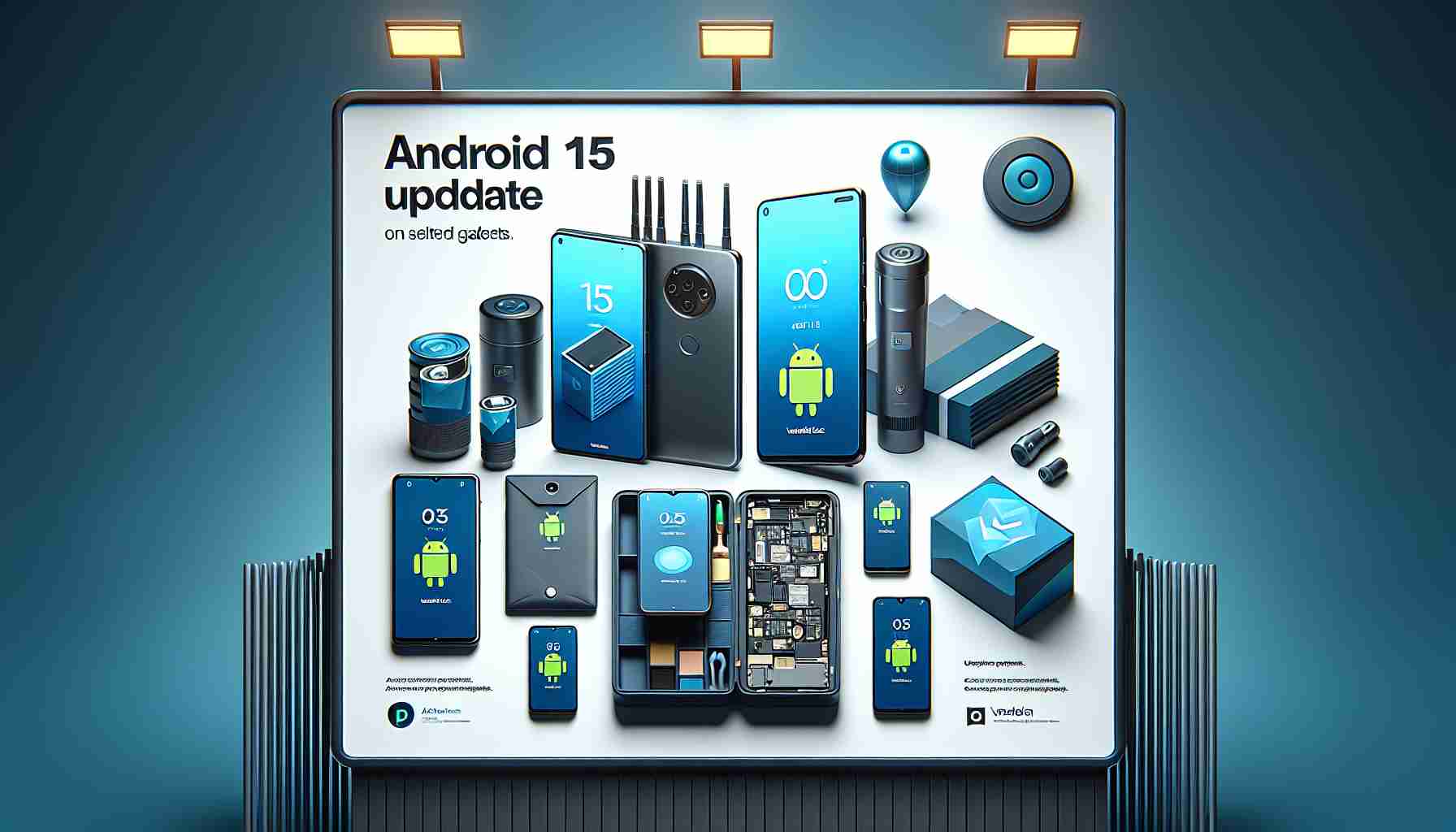 Create a realistic, high-definition image showing a fictitious mobile company, Verola, announcing an update for Android 15 on selected gadgets. The image should include a digital billboard displaying the update announcement, alongside a range of distinct mobile devices, and the logo of Verola.