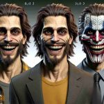 A high-definition, realistic depiction of the evolution of a mysterious and enigmatic character known for his exaggerated laughter, wide smile, and dynamic mixture of playfulness and menace. Show his evolution along unseen paths, signifying the many changes and growth this character might experience throughout this journey. Rather than a specific look, consider a variety of color schemes, clothing styles, and physical appearances, making sure to maintain the sense of mystery and unpredictability that defines him.