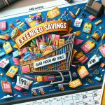 An HD photo illustrating the concept of extended savings after a major shopping event. The image should show a banner with the words 'Extended Savings: Grab the Best Deals.' Incorporate visual elements that denote savings and deals, such as discount tags, a cart filled with varied items suggesting a variety of deals, and a calendar flipped to days after the main event. Keep the atmosphere joyful and bright, symbolizing the excitement shoppers feel when they score great deals.