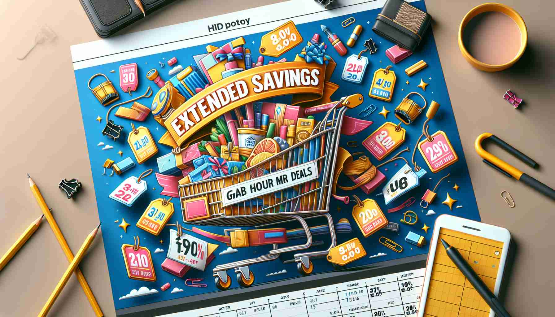 An HD photo illustrating the concept of extended savings after a major shopping event. The image should show a banner with the words 'Extended Savings: Grab the Best Deals.' Incorporate visual elements that denote savings and deals, such as discount tags, a cart filled with varied items suggesting a variety of deals, and a calendar flipped to days after the main event. Keep the atmosphere joyful and bright, symbolizing the excitement shoppers feel when they score great deals.