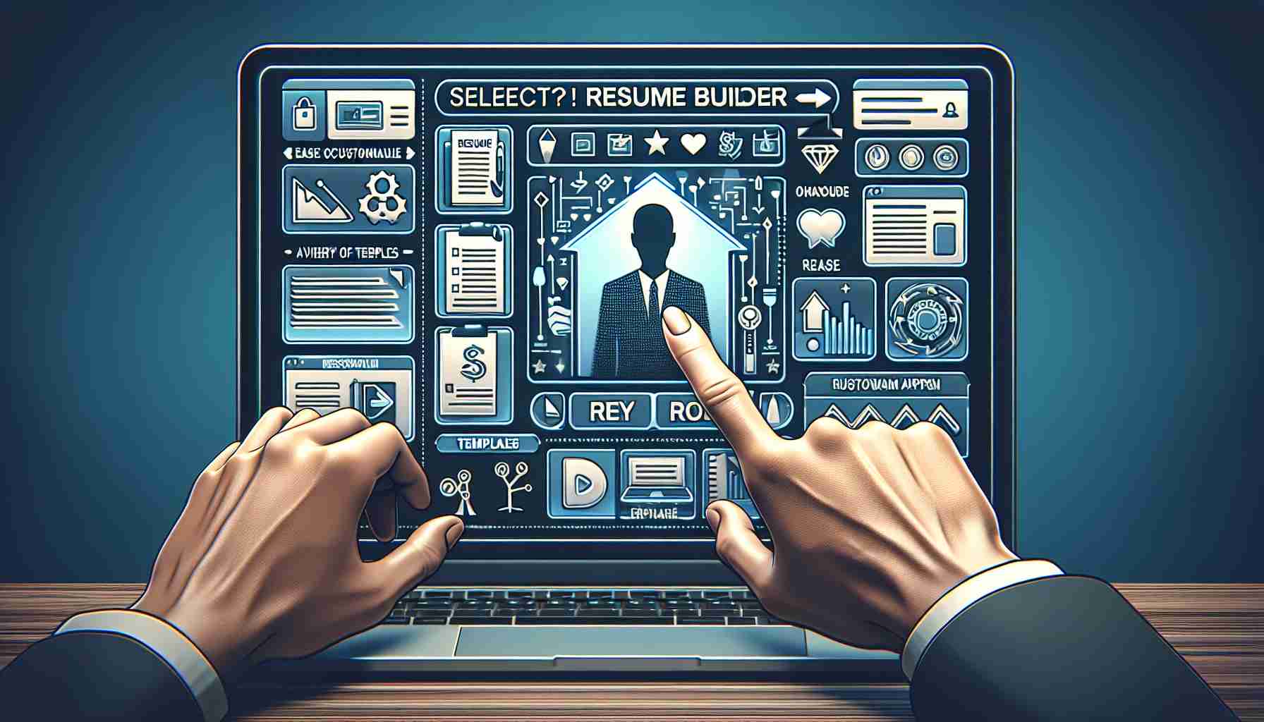 Generate a high definition, realistic image illustrating the concept of selecting the correct resume builder. It should depict various key features being considered such as ease of use, customization options, a variety of templates, and user-friendly interface. Perhaps a hand could be pointing to a computer screen with different resume building apps or software to represent the act of selection. There should be detailed visual representations of these key features either on the screen or in icons around the screen. The color scheme should primarily be neutral and professional.