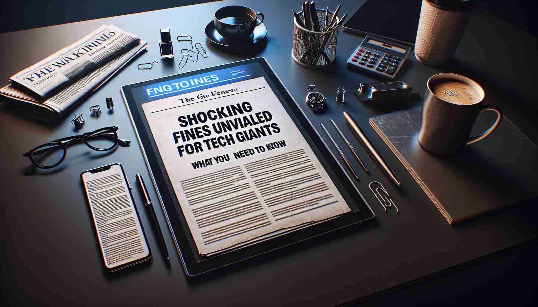 A realistic high-definition image representing the concept of imposing hefty penalties on major technology companies. Feature an ambiguous document with a large title, 'Shocking Fines Unveiled for Tech Giants: What You Need to Know'. Besides the document, include elements such as a desktop with modern tech gadgets, newspapers, pen, glasses, a cup of coffee for an office aesthetic. Make sure everything is displayed in a serious, formal manner to underline the severity of the situation.