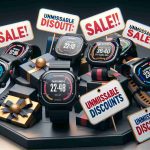 A realistic high-definition photo featuring a collection of Garmin smartwatches displayed prominently. They should have splashy labels boasting unmissable discounts. It could include a festive mood symbolize a sale event, focusing on the sleek design and high-tech features of the watches.