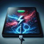 Generate a high-definition, realistic image of a modern tablet, comparable to the 10-inch iPad, facing challenges while charging. The image should show clear signs of charging issues such as the charging icon flickering on the device screen or a tangled charger cable.