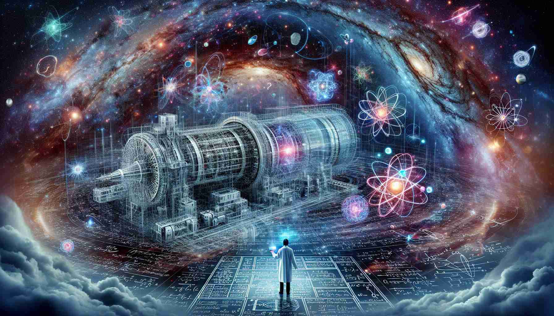 Highly detailed and realistic image of a conceptual representation of exploring new frontiers in particle physics. The image should depict a vast cosmic landscape with swirling galaxies and brightly pulsating stars. Ethereal particles of various shapes and colors are scattered throughout the scene, representing different types of subatomic particles. A figure in a white lab-coat, indicative of a physicist (make them Black and female for diversity), is standing near a large, complex machine, signifying a particle accelerator. Diagrams, equations, and symbols typical in physics float around her, lending a sense of scientific investigation and discovery.