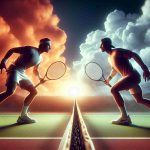 Generate a high definition, realistic image depicting two tennis players demonstrating great rivalry and intensity on the court, primed for an anticipated tennis showdown. The scene should convey anticipation and excitement as to whether this could be the next big match everyone is waiting for.