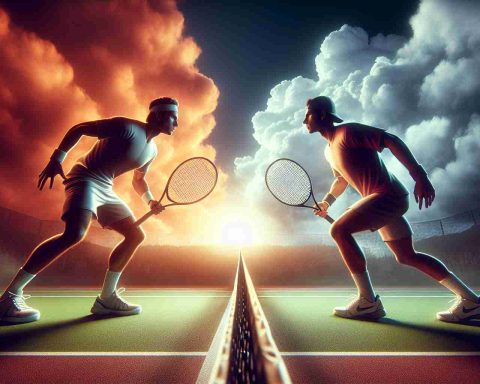 Generate a high definition, realistic image depicting two tennis players demonstrating great rivalry and intensity on the court, primed for an anticipated tennis showdown. The scene should convey anticipation and excitement as to whether this could be the next big match everyone is waiting for.