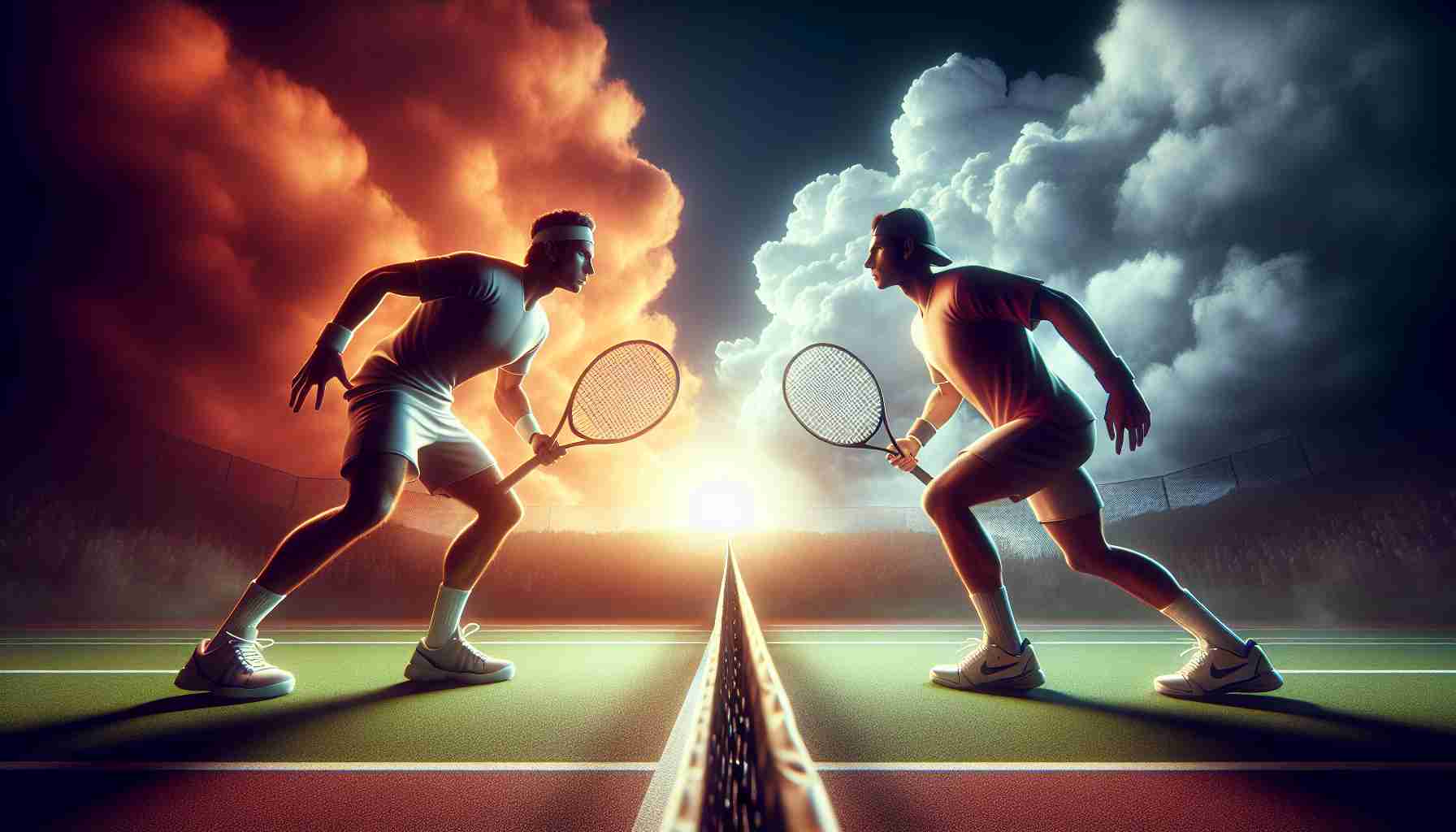 Generate a high definition, realistic image depicting two tennis players demonstrating great rivalry and intensity on the court, primed for an anticipated tennis showdown. The scene should convey anticipation and excitement as to whether this could be the next big match everyone is waiting for.