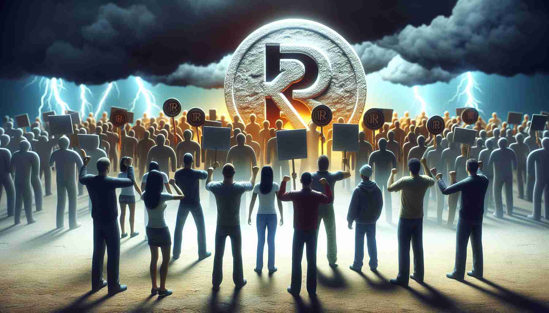 A high-definition, realistic image of a group of people symbolizing the XRP community standing firm against a metaphorical representation of SEC's appeal. They could be seen holding up signs, banners, or symbols indicating their support for XRP, in the face of opposition. The SEC appeal is represented as a threatening weather condition, hovering in the distance. The atmosphere is tense, yet the resolve of the XRP supporters is unwavering.