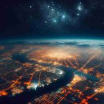 Create a hyper-realistic, high definition image illustrating the view an astronaut would have while orbiting in space, taking a stunning photograph of Cairo, Egypt during the night. The city is illuminated in the darkness of night, with the majestic River Nile winding its way through brightly lit neighbourhoods. The glowing cityscape stands in contrast to the inky blackness of space and the distant scattering of stars.