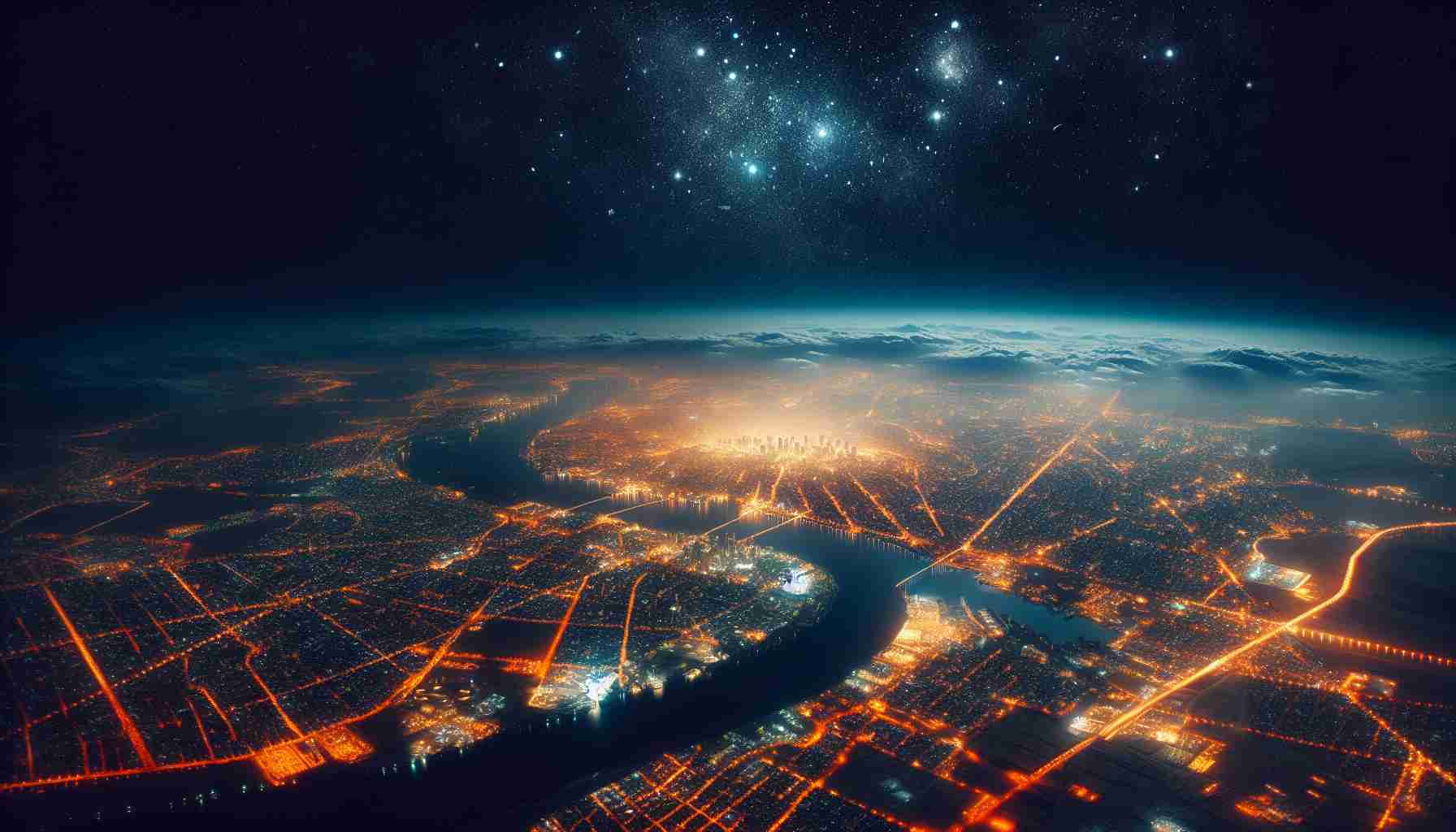 Create a hyper-realistic, high definition image illustrating the view an astronaut would have while orbiting in space, taking a stunning photograph of Cairo, Egypt during the night. The city is illuminated in the darkness of night, with the majestic River Nile winding its way through brightly lit neighbourhoods. The glowing cityscape stands in contrast to the inky blackness of space and the distant scattering of stars.