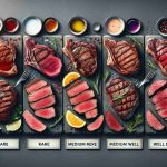 Create a high-definition and realistic image showcasing the variety of steak doneness stages from rare to well-done. The image should highlight the unique colors, textures, and moisture levels of each stage, perhaps with distinct steaks beautifully plated alongside each other for comparison, with no use of tools to determine their doneness. Labels with simple text, indicating 'Rare', 'Medium Rare', 'Medium', 'Medium Well', 'Well Done' next to each steak for easy identification, are also preferred.