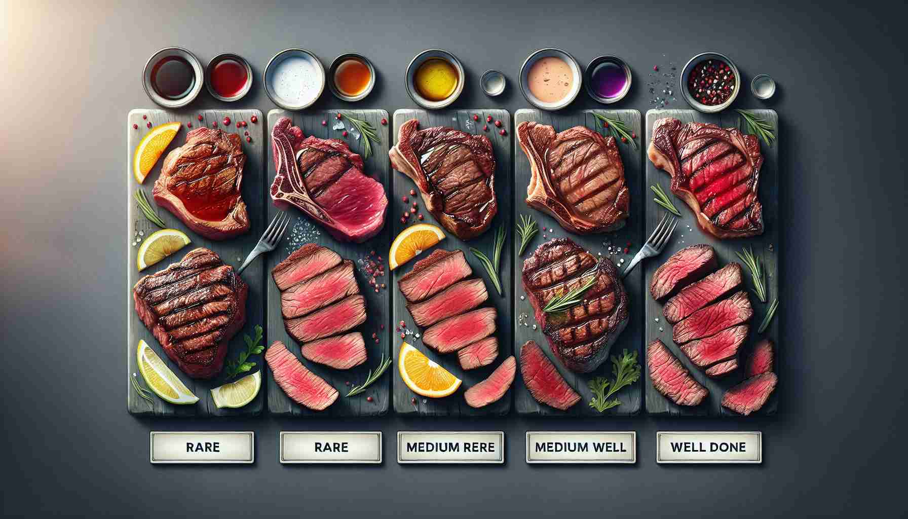 Create a high-definition and realistic image showcasing the variety of steak doneness stages from rare to well-done. The image should highlight the unique colors, textures, and moisture levels of each stage, perhaps with distinct steaks beautifully plated alongside each other for comparison, with no use of tools to determine their doneness. Labels with simple text, indicating 'Rare', 'Medium Rare', 'Medium', 'Medium Well', 'Well Done' next to each steak for easy identification, are also preferred.