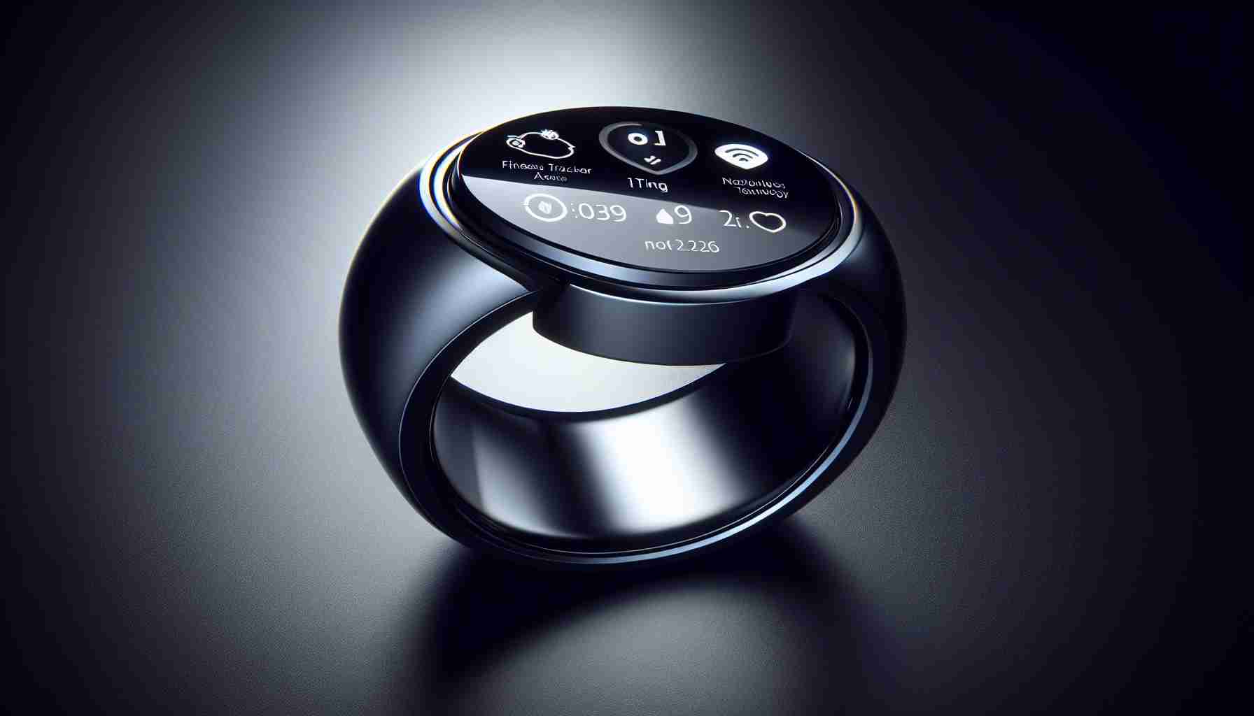 A high-definition realistic image showcasing smart ring technology. The ring is to be portrayed as sleek and modern, incorporating innovative technology within its compact design. Possibly featuring innovative elements such as a small touchscreen, fitness tracker capabilities, notification alerts, and wireless connectivity. Render the ring on a slick black tabletop to emphasize the sense of cutting-edge technology. The lighting should be soft, enhancing the metallic finish of the ring and the technological features it holds within.