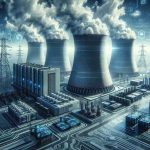 High-resolution realistic illustration presenting a conceptual scene - Big technological companies are adopting and shifting towards nuclear energy strategies to meet the increasing demand for power. Visualize this shift by displaying a giant futuristic nuclear power plant with steam rising from cooling towers, and various tech-related elements like circuit board designs, data cables, and server racks scattered around, symbolizing the influence and adaptation of tech industries towards nuclear energy. The mood can be somewhat futuristic and the atmosphere cool-hued, signifying the cutting-edge nature of technological developments.