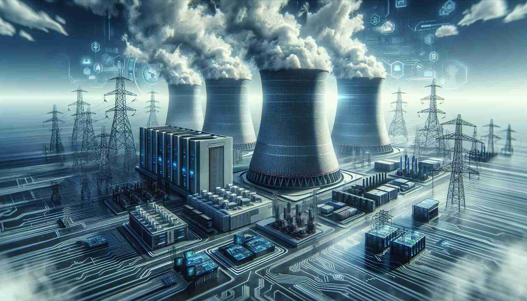 High-resolution realistic illustration presenting a conceptual scene - Big technological companies are adopting and shifting towards nuclear energy strategies to meet the increasing demand for power. Visualize this shift by displaying a giant futuristic nuclear power plant with steam rising from cooling towers, and various tech-related elements like circuit board designs, data cables, and server racks scattered around, symbolizing the influence and adaptation of tech industries towards nuclear energy. The mood can be somewhat futuristic and the atmosphere cool-hued, signifying the cutting-edge nature of technological developments.