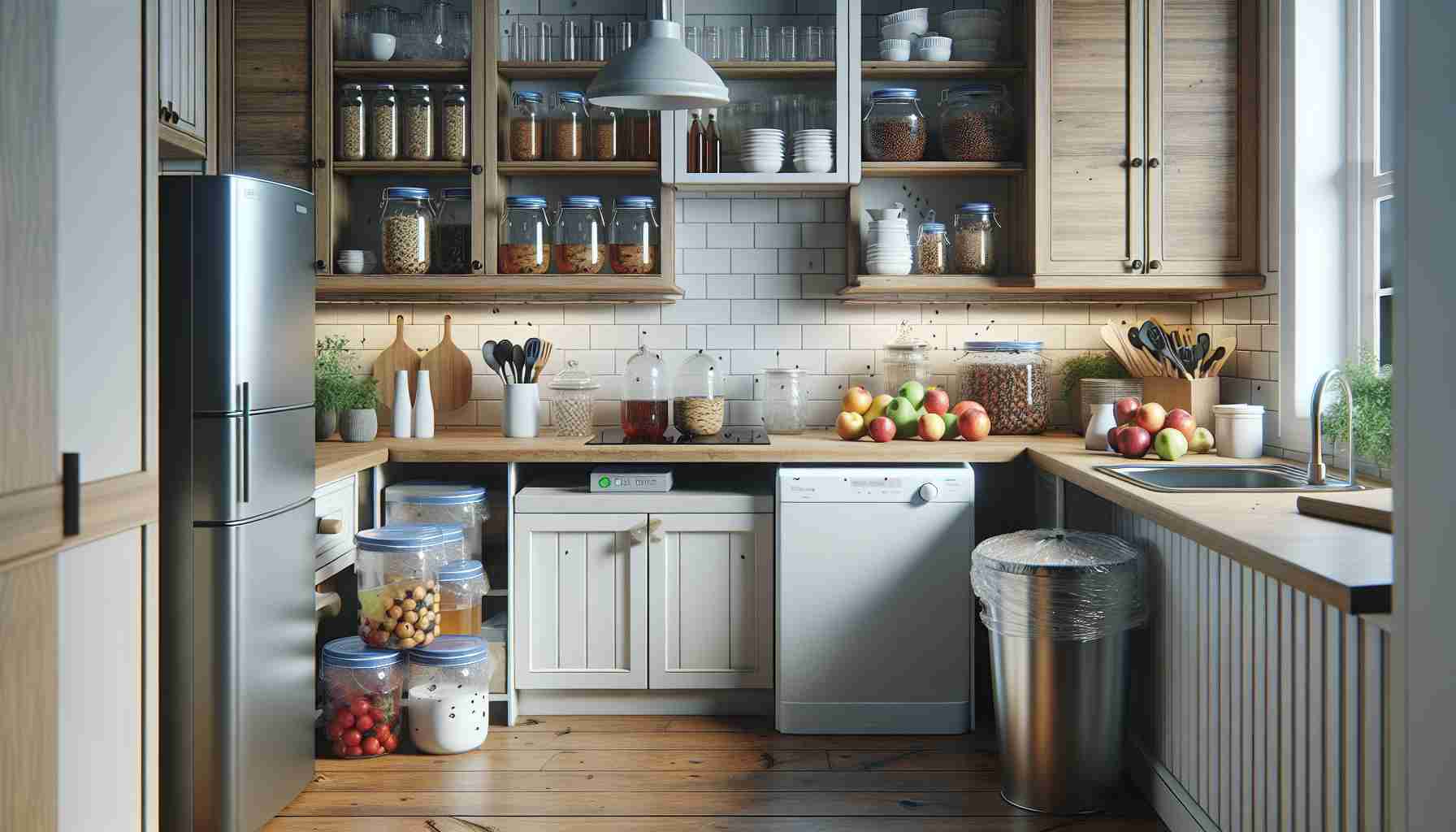 Render a realistic, ultra high-definition image depicting a kitchen that's been arranged with items and methods designed to repel fruit flies. Illustrate common tips like using fruit fly traps made with apple cider vinegar and plastic wrap on a cup, sealing fruits and food items properly, and regular garbage disposal. The image should be well-lit, showcasing a clean, organized kitchen with closed containers, clean countertops, and a fly-free environment.