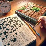 Create a realistic high-definition image displaying an assortment of quick puzzles designed for busy minds. The puzzles include crosswords, sudoku, and word search arranged on a table, alongside a timer to indicate the speed factor. The puzzle book should be open on a page filled with incomplete puzzles, accompanied with a sharpened pencil resting on its page. The setting should be well-lit, giving a warm and inviting feel as if encouraging the viewer to participate.