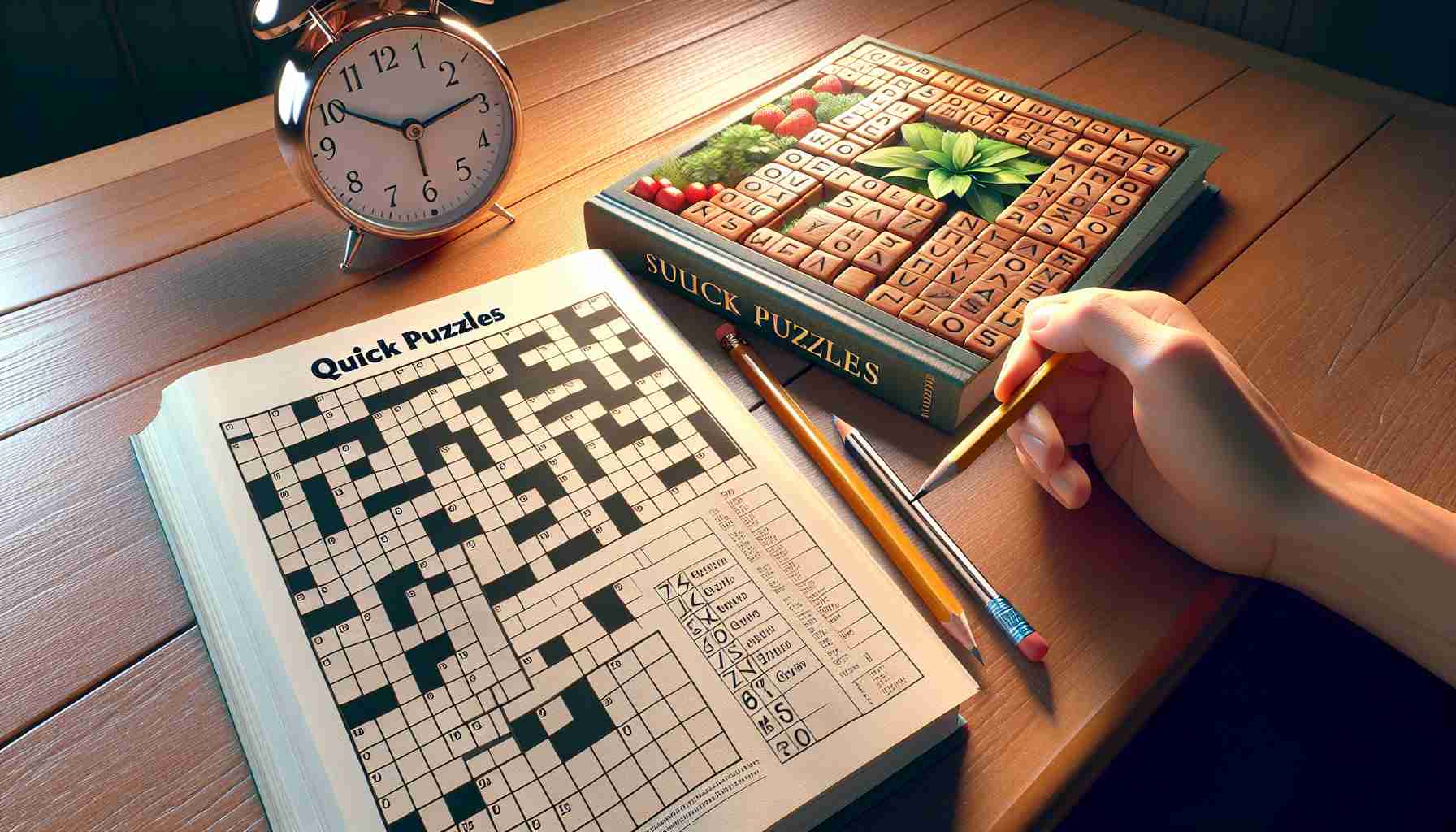 Create a realistic high-definition image displaying an assortment of quick puzzles designed for busy minds. The puzzles include crosswords, sudoku, and word search arranged on a table, alongside a timer to indicate the speed factor. The puzzle book should be open on a page filled with incomplete puzzles, accompanied with a sharpened pencil resting on its page. The setting should be well-lit, giving a warm and inviting feel as if encouraging the viewer to participate.