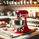 An image in High Definition showcasing a KitchenAid mixer on a kitchen counter. The mixer is bright red and carries a nostalgic appeal, signifying its value as a timeless icon in the realm of kitchen appliances. The countertop is made of white marble, and the background includes neatly arranged kitchen shelves, filled with assorted pots, pans, and other common culinary accessories. The scene exudes warmth and familiarity, symbolizing the enduring appeal of KitchenAid mixers.