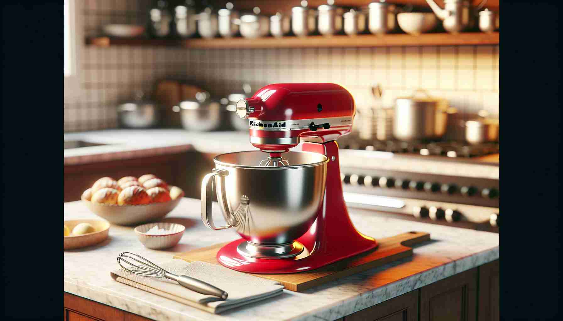 An image in High Definition showcasing a KitchenAid mixer on a kitchen counter. The mixer is bright red and carries a nostalgic appeal, signifying its value as a timeless icon in the realm of kitchen appliances. The countertop is made of white marble, and the background includes neatly arranged kitchen shelves, filled with assorted pots, pans, and other common culinary accessories. The scene exudes warmth and familiarity, symbolizing the enduring appeal of KitchenAid mixers.