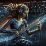 A depiction of a female musician, possessing a slender physique and long wavy hair, engrossed in using cutting-edge musical technology. She explores her passion for music and technology through her innovative approach, visualized by mixing traditional musical equipment with futuristic tech gear. This fusion begins reshaping the landscape of her surroundings into a blend of notes and circuits, emphasizing the concept of music and technology integration. The image should have a realistic touch, resembling a high-definition photo.