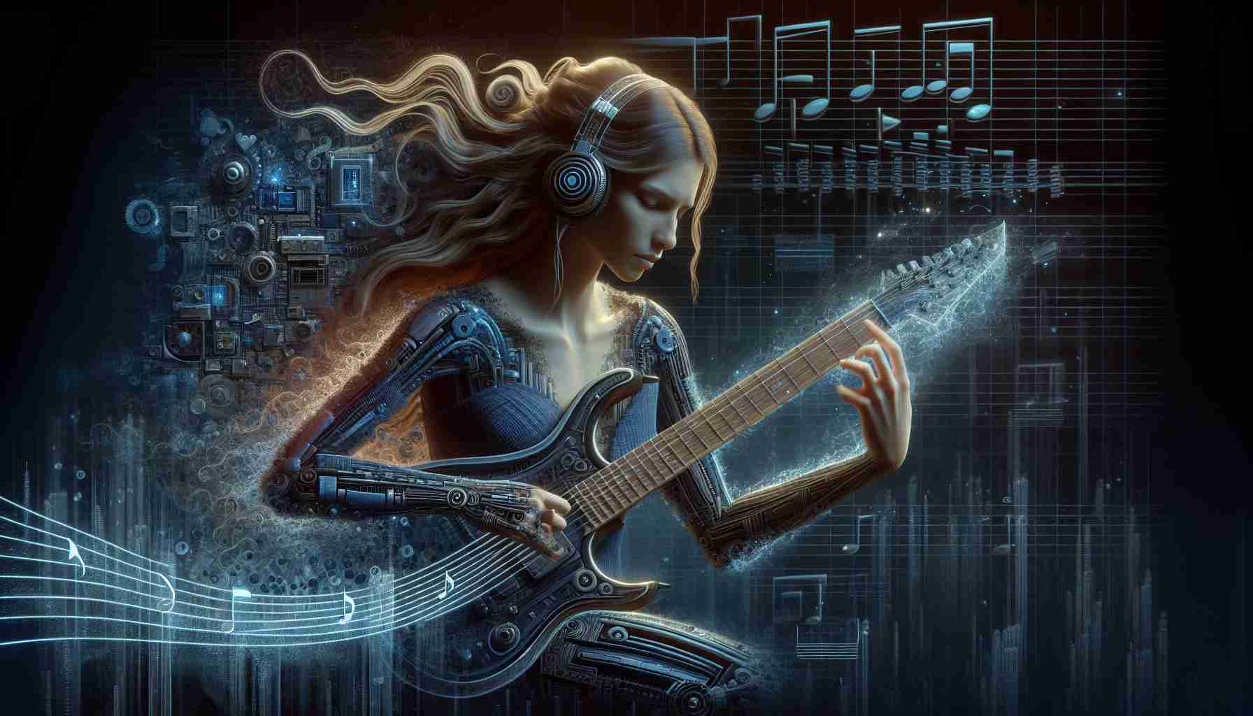 A depiction of a female musician, possessing a slender physique and long wavy hair, engrossed in using cutting-edge musical technology. She explores her passion for music and technology through her innovative approach, visualized by mixing traditional musical equipment with futuristic tech gear. This fusion begins reshaping the landscape of her surroundings into a blend of notes and circuits, emphasizing the concept of music and technology integration. The image should have a realistic touch, resembling a high-definition photo.