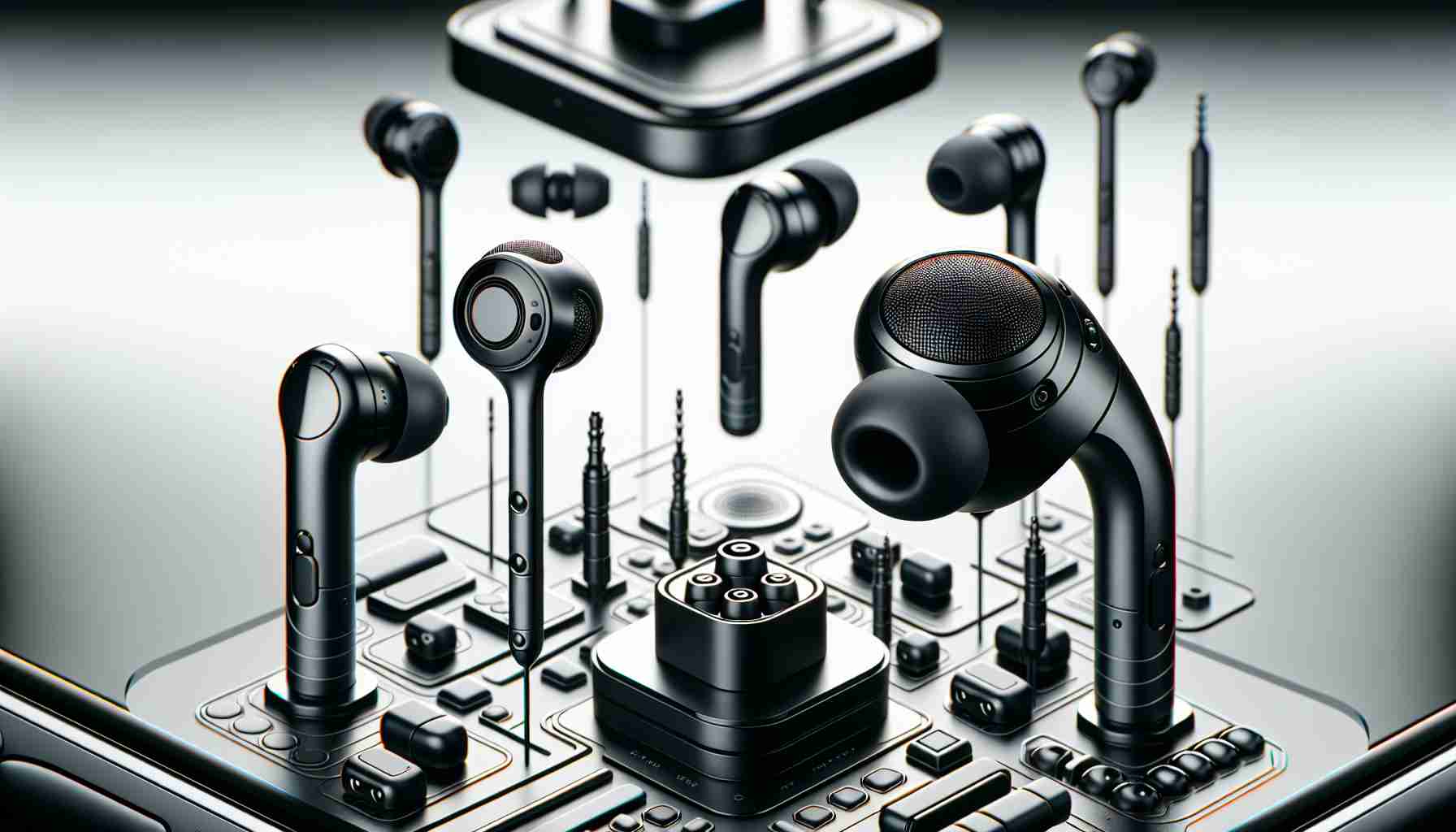 A high-definition and realistic image showcasing the latest generic earbud lineup from a notable audio company, representing a revolutionary step in audio technology. The design of the earbuds should be sleek, modern and incorporating the latest technological advancements, with focus on ergonomic design and premium sound quality.