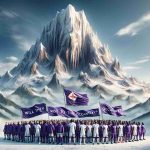 A realistic, high-definition image that metaphorically represents the concept of an unexpected challenge facing a sports team. The sports team is embodied as a dynamic group of diverse individuals dressed in purple and white, the colors representing Fiorentina. They are standing at the foot of an enormous, towering mountain, a symbol of adversity. The team gazes upwards with determination in their eyes, ready to rise to the occasion. A banner with the phrase 'Will They Rise to the Occasion?' flies in the wind above them. Please keep the rendering realistic and vibrant.