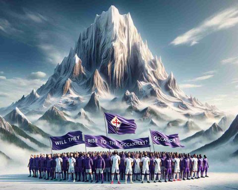 A realistic, high-definition image that metaphorically represents the concept of an unexpected challenge facing a sports team. The sports team is embodied as a dynamic group of diverse individuals dressed in purple and white, the colors representing Fiorentina. They are standing at the foot of an enormous, towering mountain, a symbol of adversity. The team gazes upwards with determination in their eyes, ready to rise to the occasion. A banner with the phrase 'Will They Rise to the Occasion?' flies in the wind above them. Please keep the rendering realistic and vibrant.