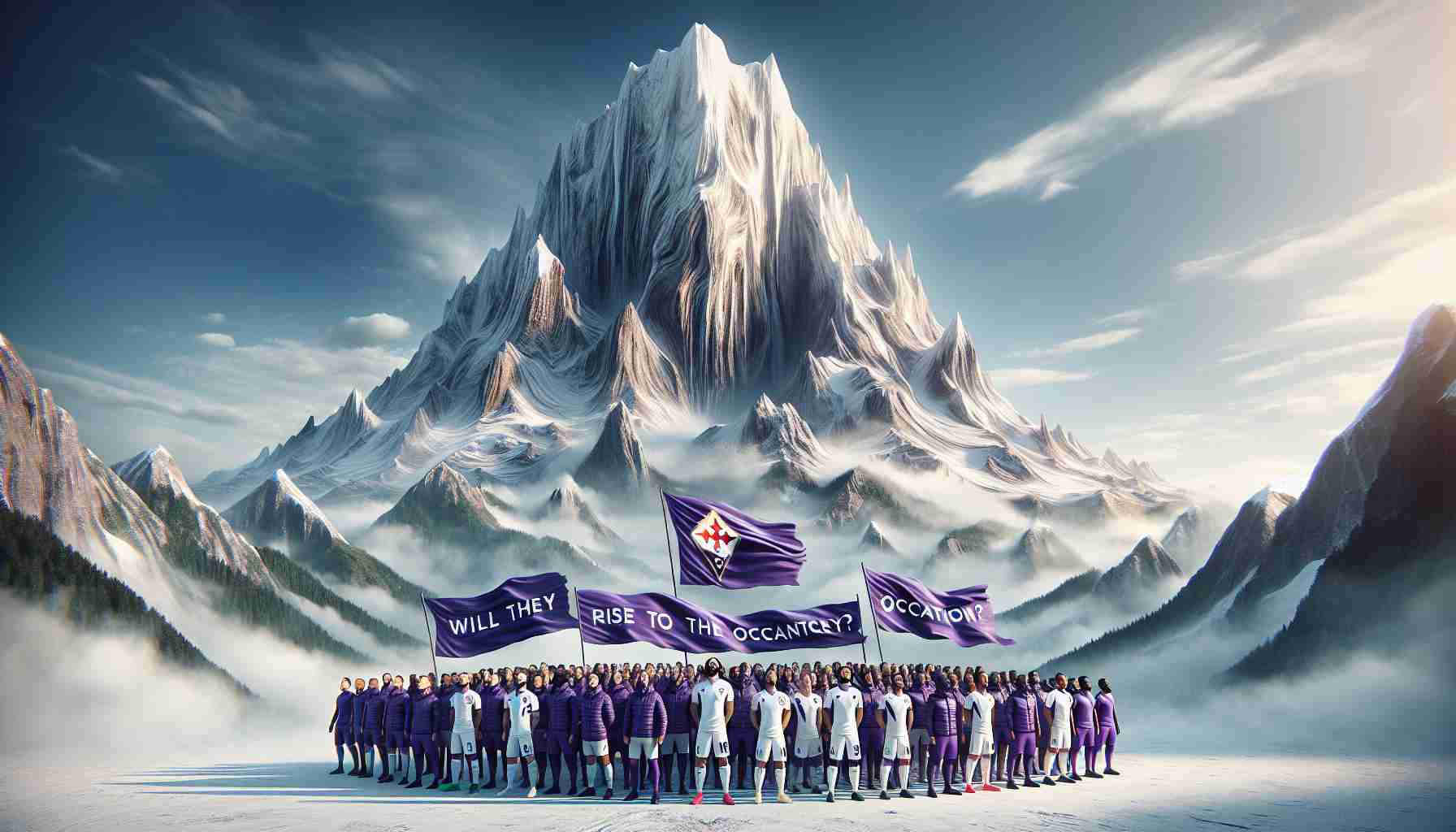 A realistic, high-definition image that metaphorically represents the concept of an unexpected challenge facing a sports team. The sports team is embodied as a dynamic group of diverse individuals dressed in purple and white, the colors representing Fiorentina. They are standing at the foot of an enormous, towering mountain, a symbol of adversity. The team gazes upwards with determination in their eyes, ready to rise to the occasion. A banner with the phrase 'Will They Rise to the Occasion?' flies in the wind above them. Please keep the rendering realistic and vibrant.