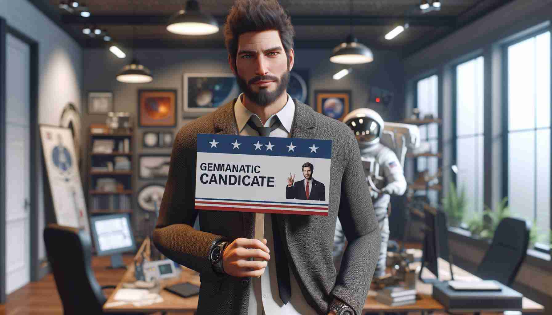 Realistic High Definition picture of a tech entrepreneur with a known interest in space exploration, bearing a resolute gaze and charismatic charm. He holds up a sign expressing support for a generic candidate with a charismatic, controversial style in the political landscape. The tech entrepreneur stands in an office environment filled with space memorabilia.